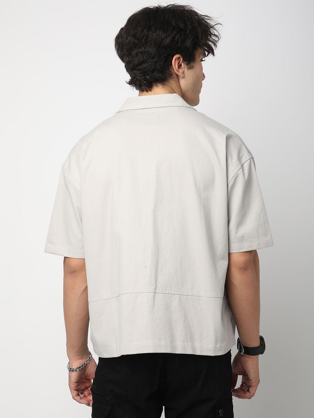 Grey Double Pocket Oversized Cropped Shirt