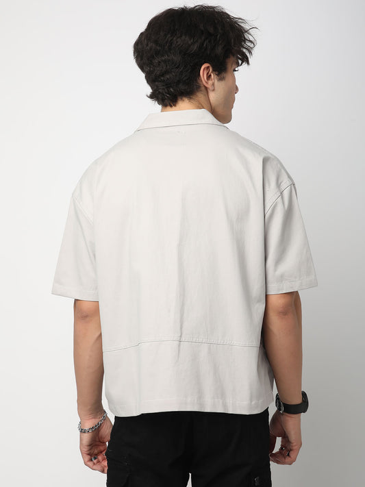 Grey Double Pocket Oversized Cropped Shirt