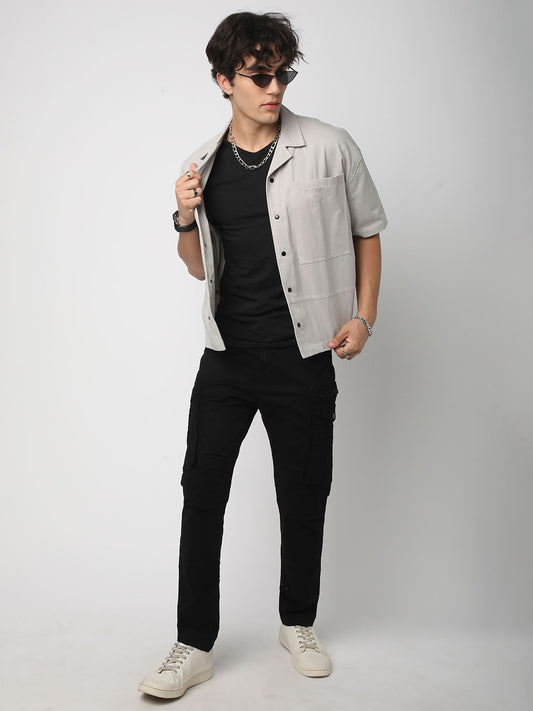 Grey Double Pocket Oversized Cropped Shirt