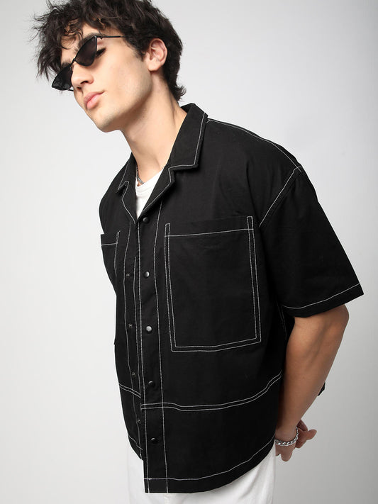 Black Double Pocket Oversized Cropped Shirt
