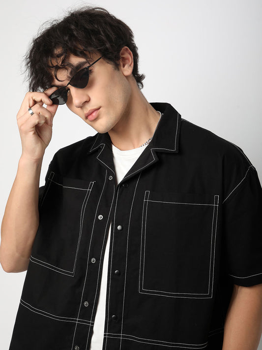 Black Double Pocket Oversized Cropped Shirt