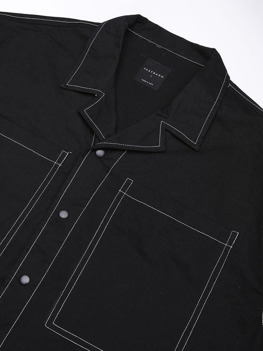Black Double Pocket Oversized Cropped Shirt