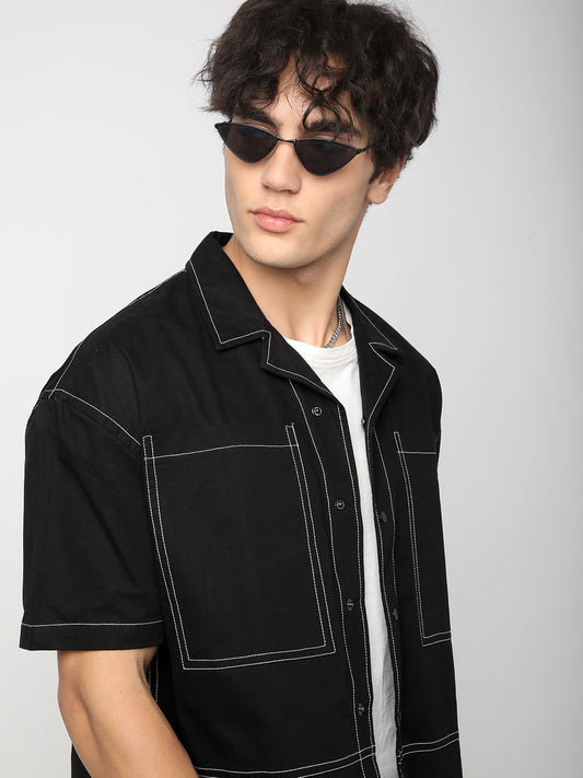 Black Double Pocket Oversized Cropped Shirt