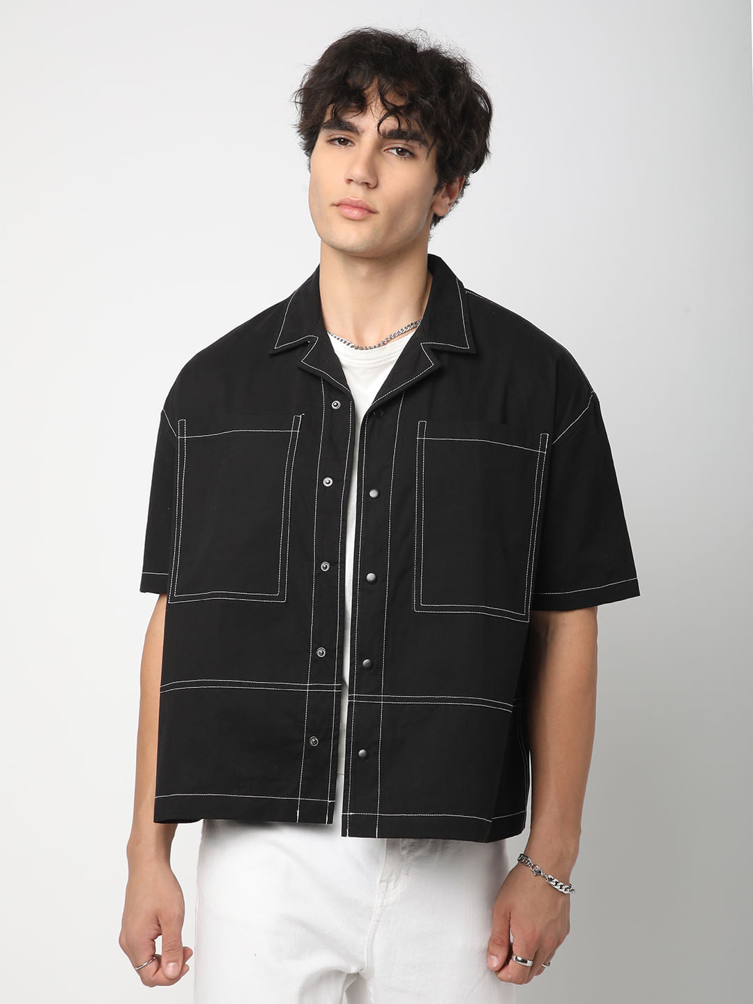 Black Double Pocket Oversized Cropped Shirt