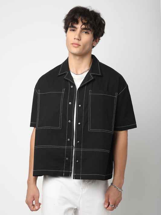 Black Double Pocket Oversized Cropped Shirt