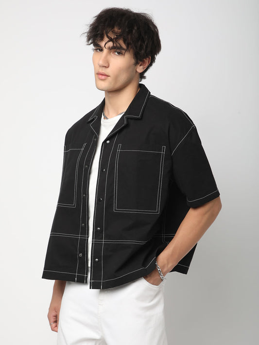 Black Double Pocket Oversized Cropped Shirt