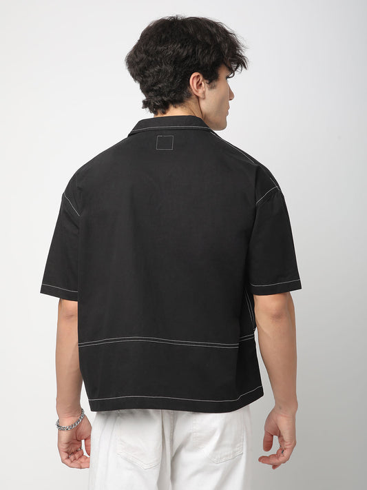 Black Double Pocket Oversized Cropped Shirt