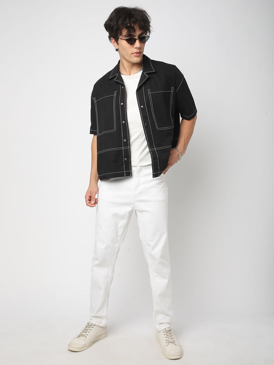 Black Double Pocket Oversized Cropped Shirt