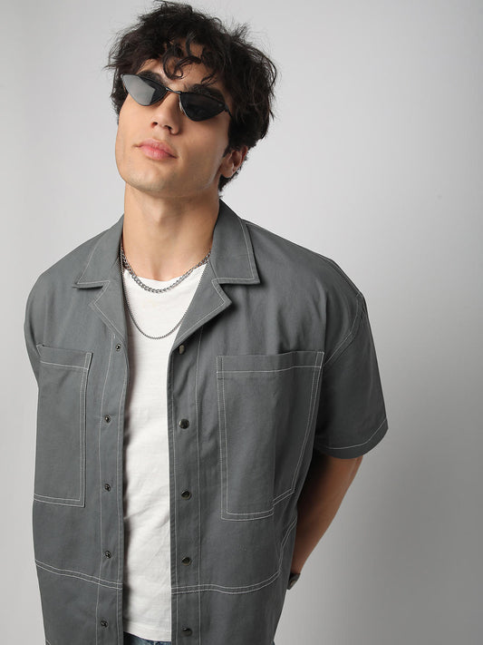 Porpoise Grey Double Pocket Oversized Cropped Shirt