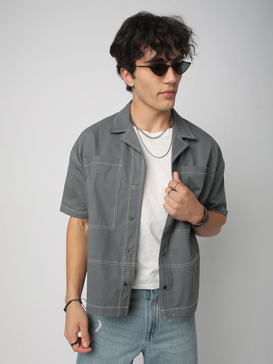 Porpoise Grey Double Pocket Oversized Cropped Shirt