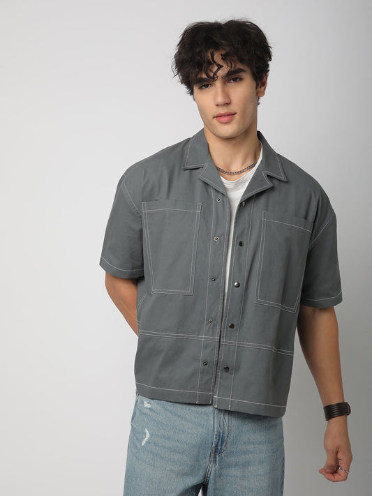 Porpoise Grey Double Pocket Oversized Cropped Shirt