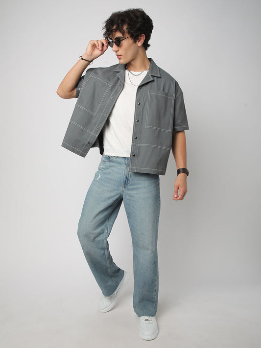 Porpoise Grey Double Pocket Oversized Cropped Shirt