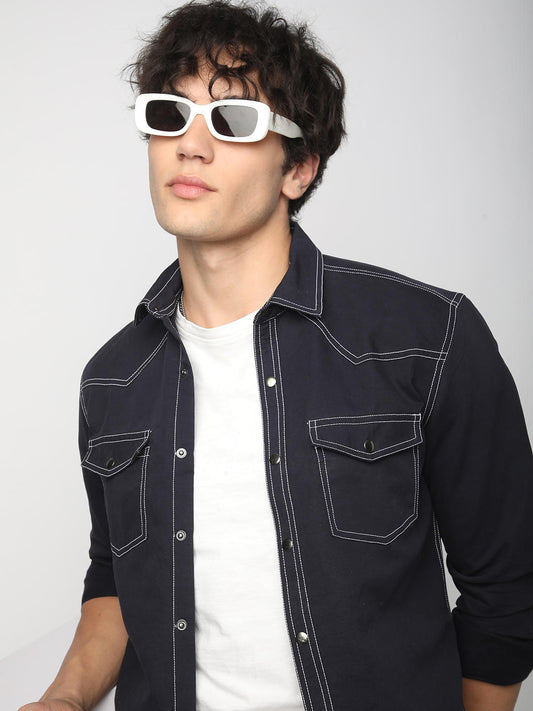 Navy Contrast Stitch Double Pocket Overshirt