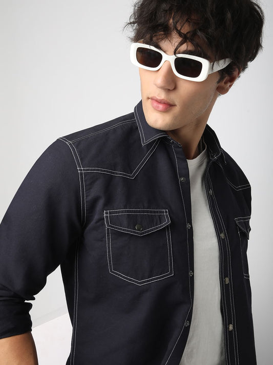 Navy Contrast Stitch Double Pocket Overshirt