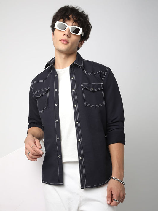 Navy Contrast Stitch Double Pocket Overshirt