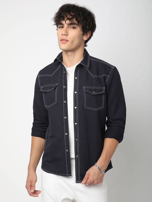 Navy Contrast Stitch Double Pocket Overshirt