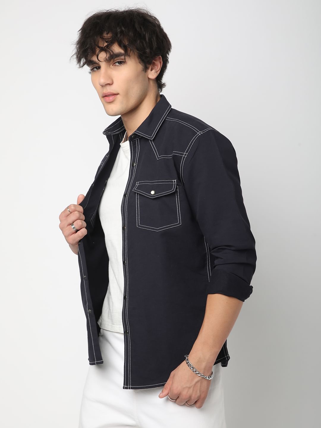 Navy Contrast Stitch Double Pocket Overshirt