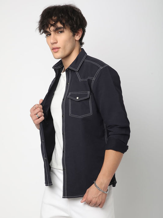 Navy Contrast Stitch Double Pocket Overshirt
