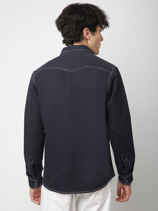 Navy Contrast Stitch Double Pocket Overshirt