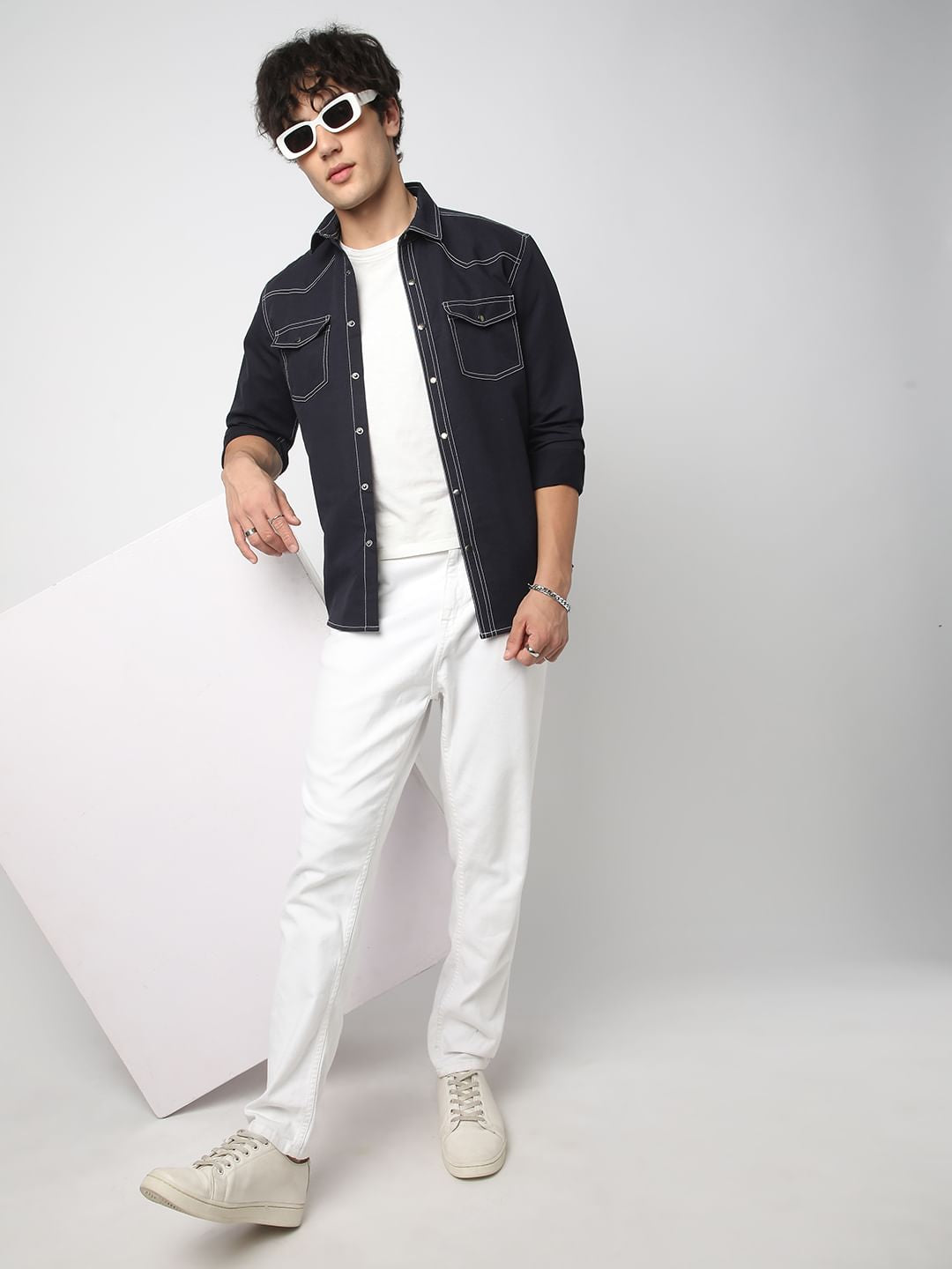 Navy Contrast Stitch Double Pocket Overshirt