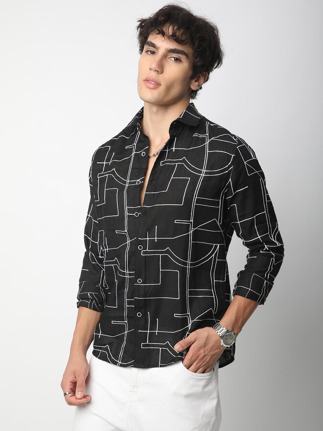 Quirky Black Contrast Embroidered Shirt