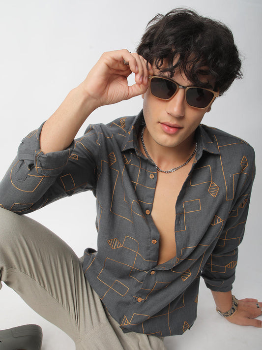 Schmick Porpoise Grey Diamond Maze Embroidered Shirt