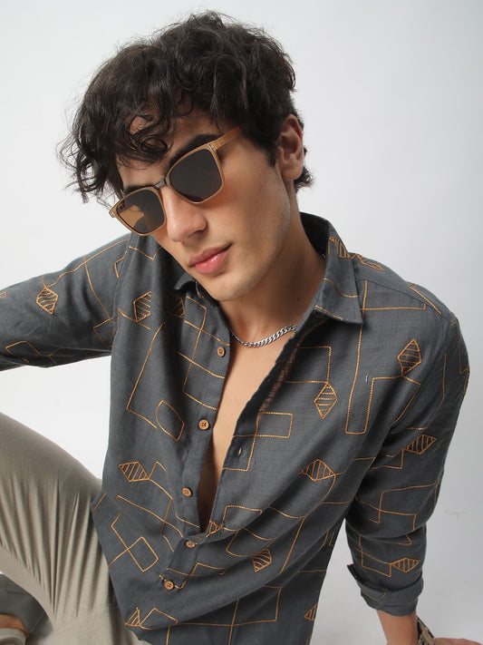 Schmick Porpoise Grey Diamond Maze Embroidered Shirt