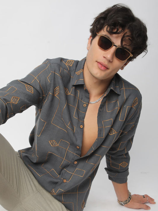 Schmick Porpoise Grey Diamond Maze Embroidered Shirt