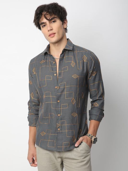 Schmick Porpoise Grey Diamond Maze Embroidered Shirt
