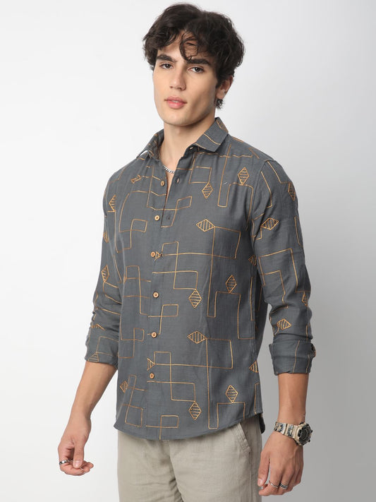 Schmick Porpoise Grey Diamond Maze Embroidered Shirt