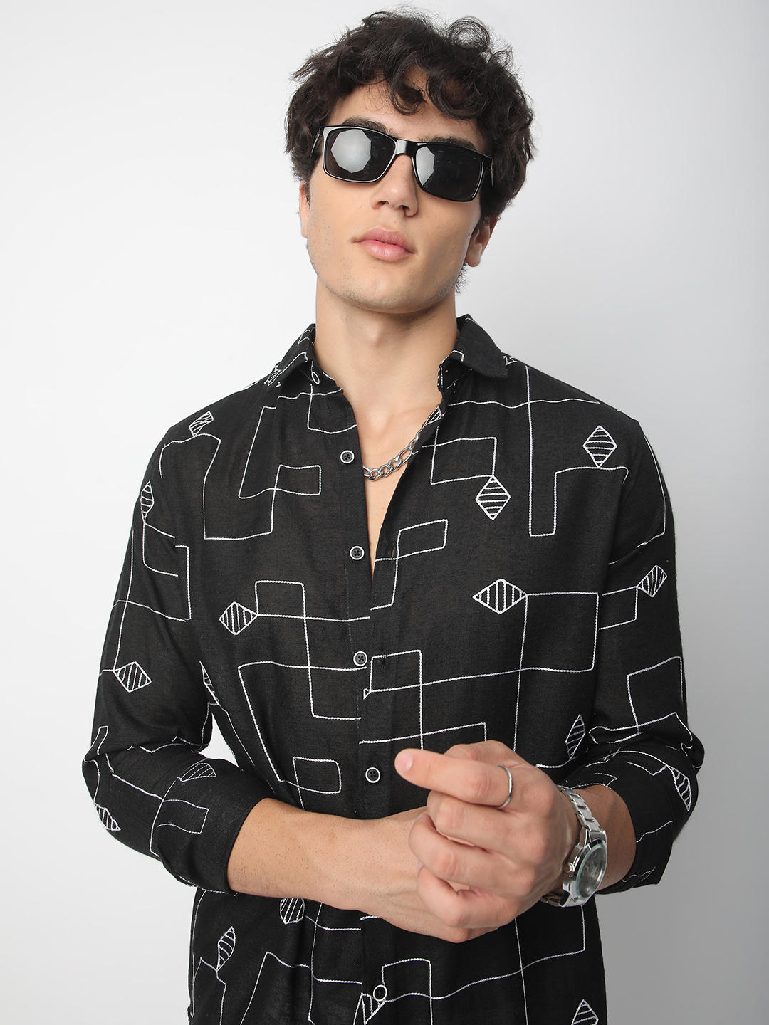 Schmick Black Lozenge Maze Embroidered Shirt