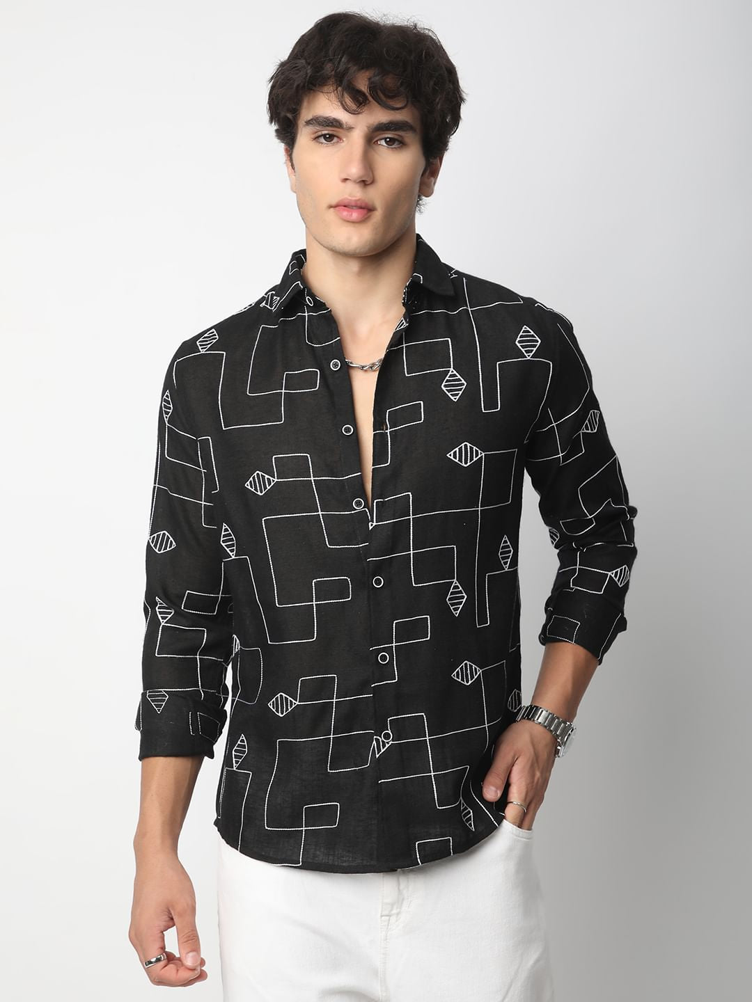Schmick Black Lozenge Maze Embroidered Shirt