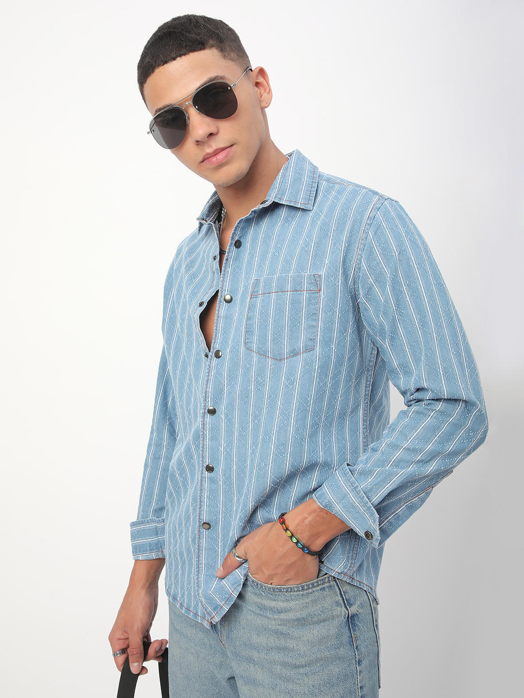 Denim Ditsy Laser Cut Lozenge Striped Shirt