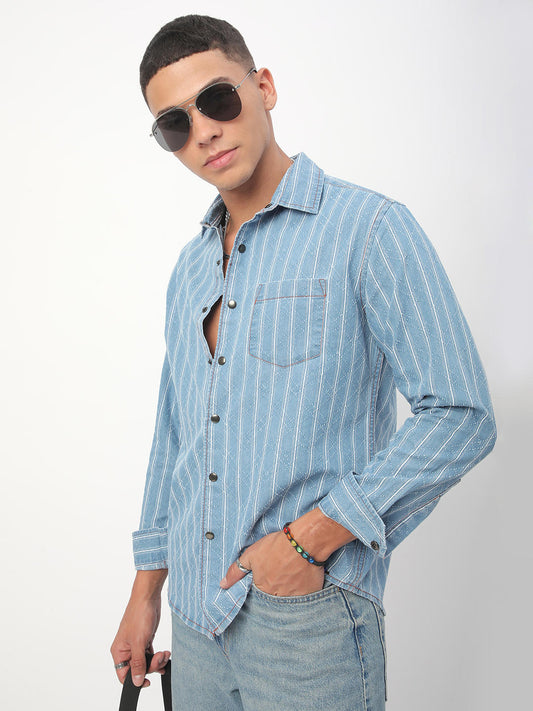 Denim Ditsy Laser Cut Lozenge Striped Shirt