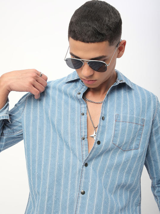 Denim Ditsy Laser Cut Lozenge Striped Shirt