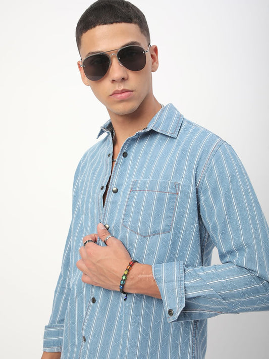 Denim Ditsy Laser Cut Lozenge Striped Shirt