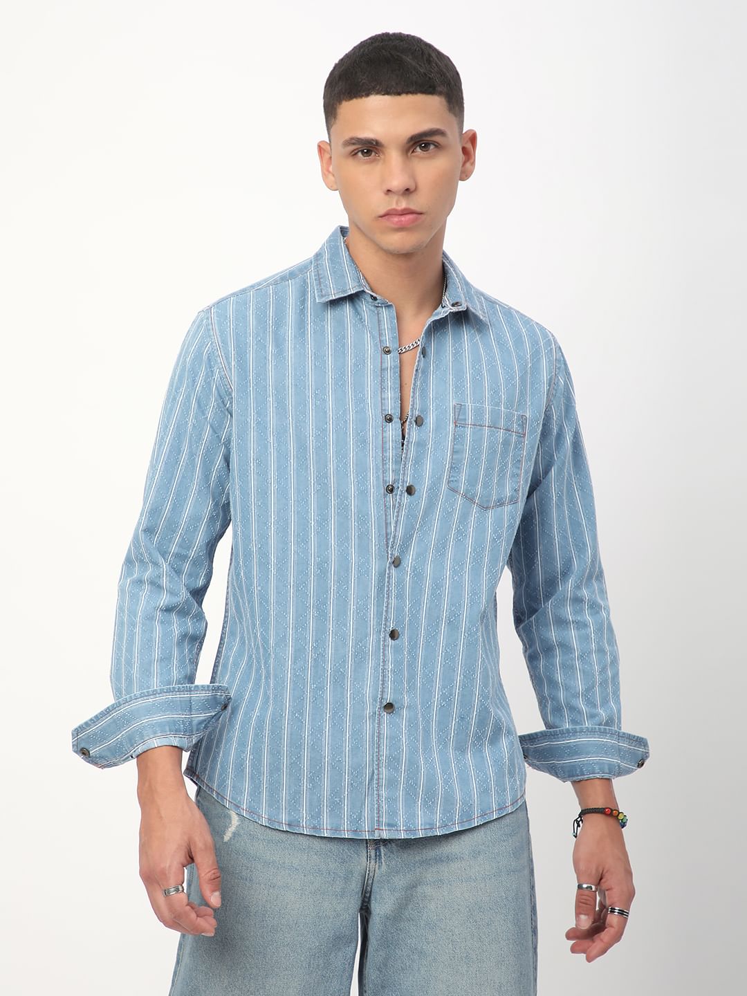 Denim Ditsy Laser Cut Lozenge Striped Shirt