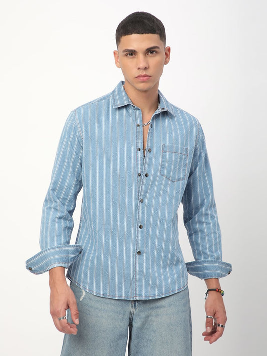 Denim Ditsy Laser Cut Lozenge Striped Shirt