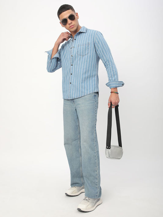 Denim Ditsy Laser Cut Lozenge Striped Shirt