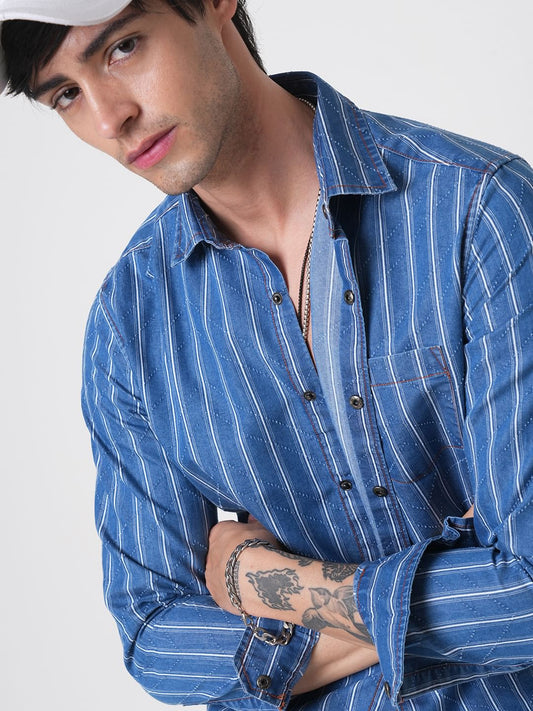 Denim Zig-Zag Laser Cut Shirt