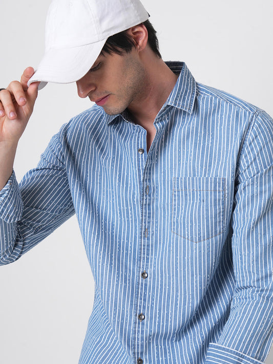 Blue Squarish Laser Cut Striped Shirt