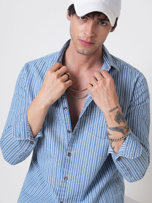 Blue Squarish Laser Cut Striped Shirt