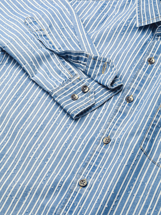 Blue Squarish Laser Cut Striped Shirt