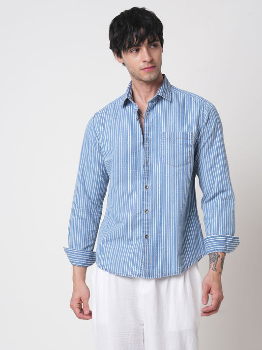 Blue Squarish Laser Cut Striped Shirt