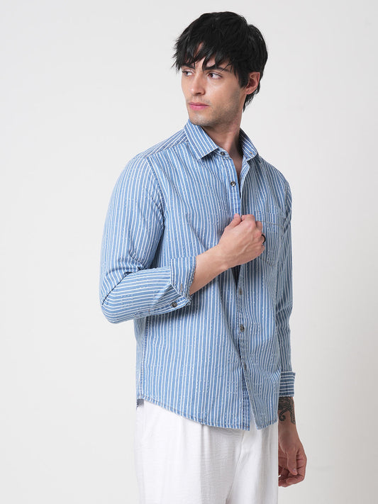 Blue Squarish Laser Cut Striped Shirt