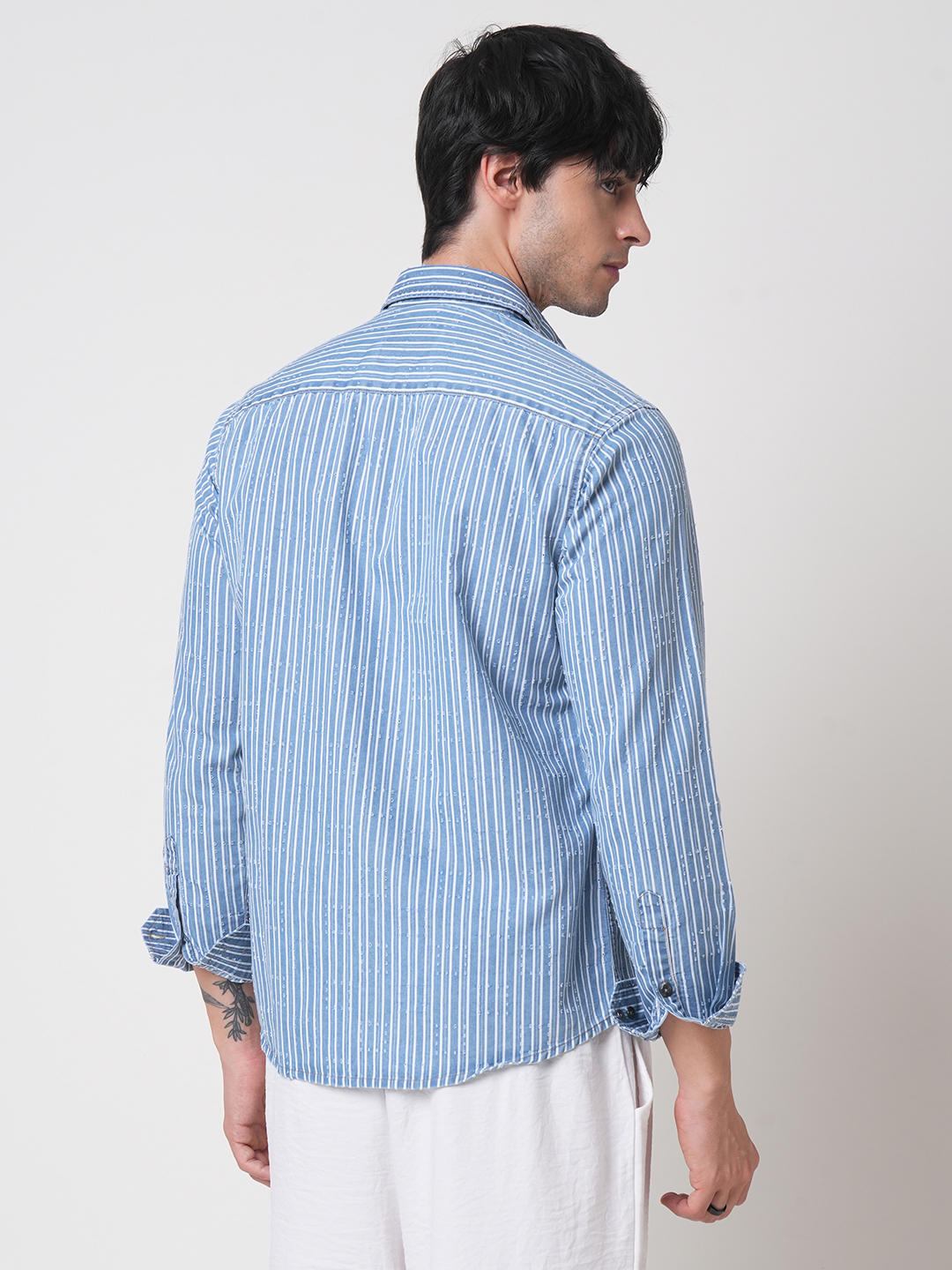 Blue Squarish Laser Cut Striped Shirt