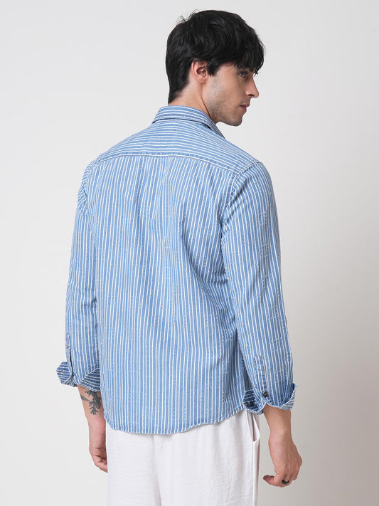 Blue Squarish Laser Cut Striped Shirt