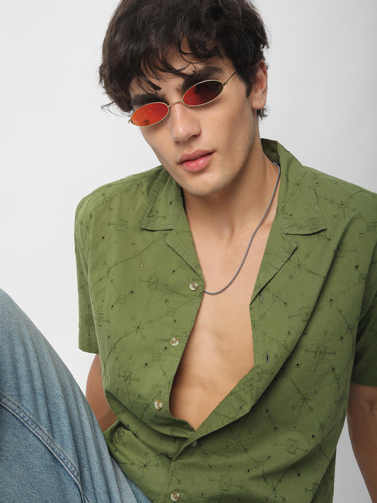 Intricate Olive Geometric Embroidered Oversized Shirt