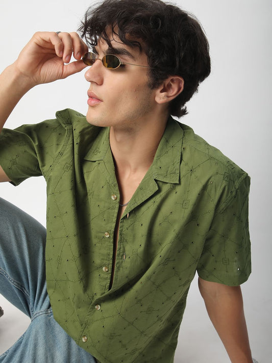 Intricate Olive Geometric Embroidered Oversized Shirt