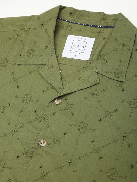 Intricate Olive Geometric Embroidered Oversized Shirt